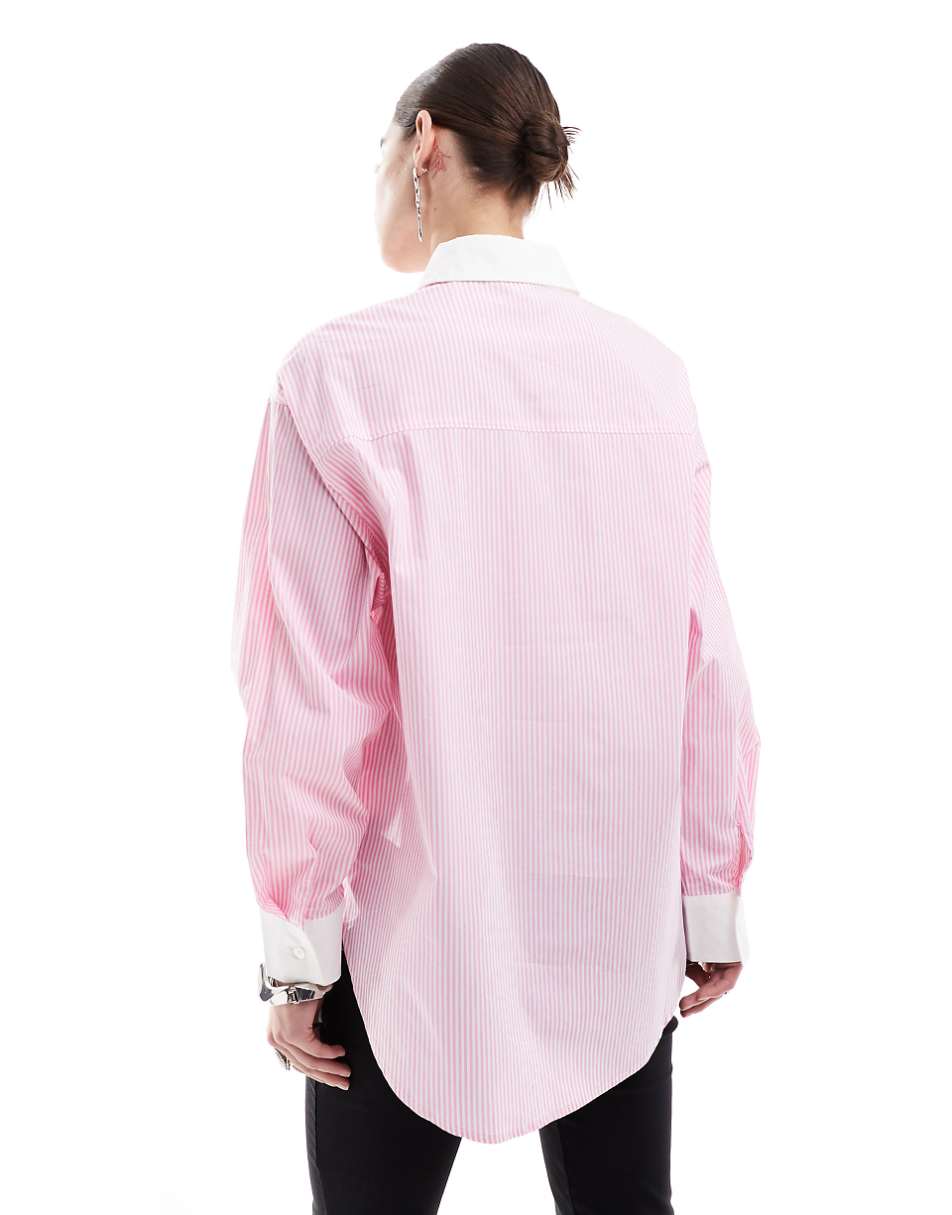 Urban Revivo striped boyfriend shirt in pink and white