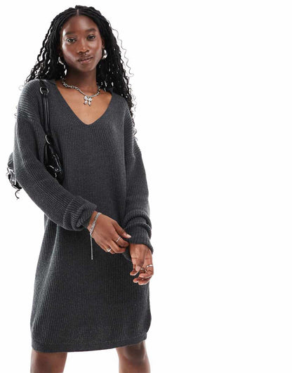 Glamorous collar detail oversized sweater dress in charcoal heather knit