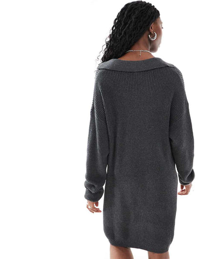 Glamorous collar detail oversized sweater dress in charcoal heather knit