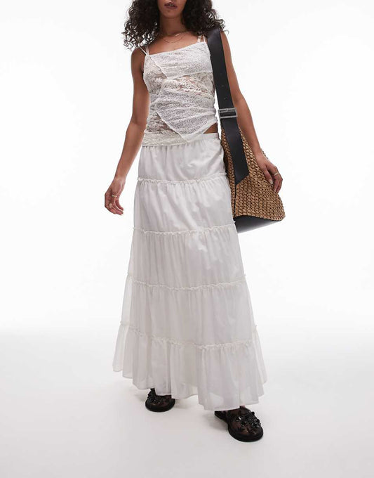 Topshop tiered western full maxi skirt in ivory