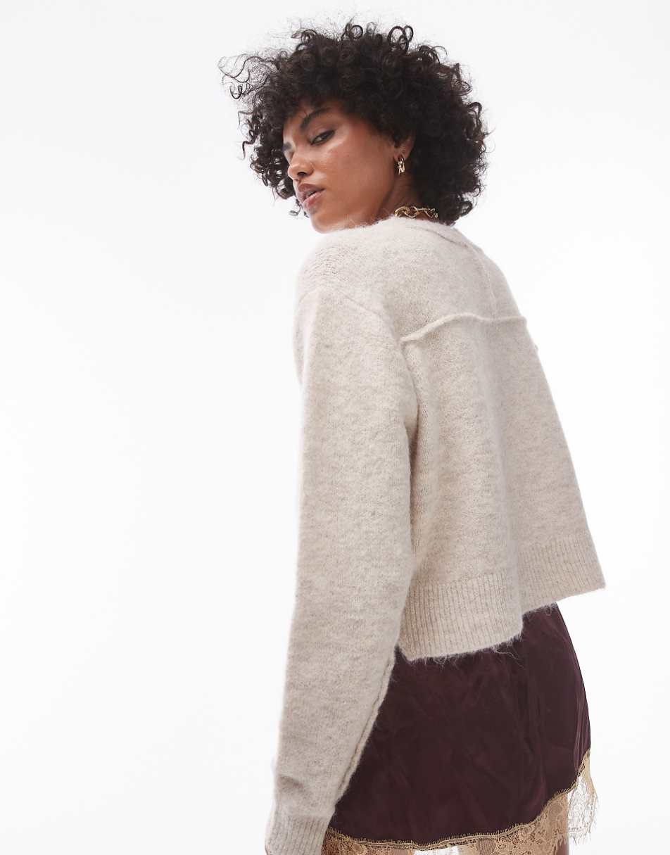 Topshop knit crew with raglan and exposed seam sweater in stone