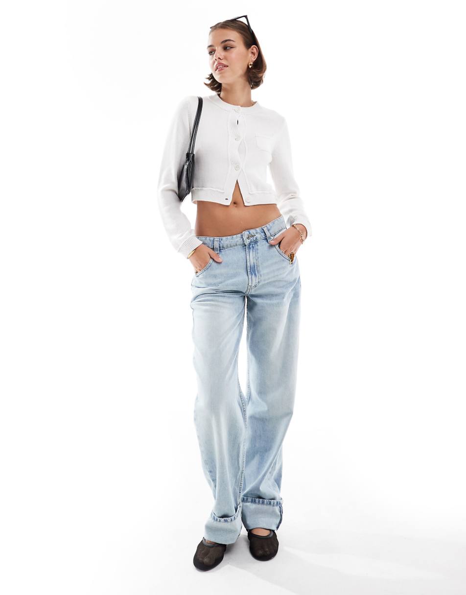 ASOS DESIGN mid rise baggy boyfriend jeans with turn up in light blue