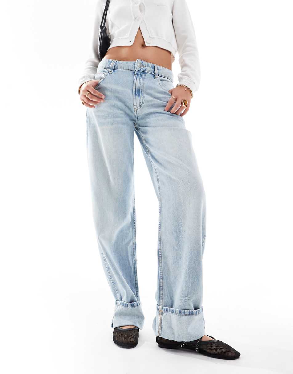 ASOS DESIGN mid rise baggy boyfriend jeans with turn up in light blue