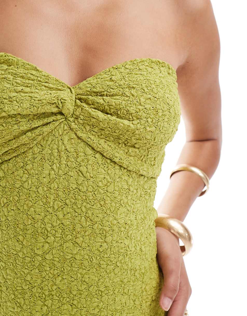 ASOS DESIGN glitter textured bandeau midi dress in olive green