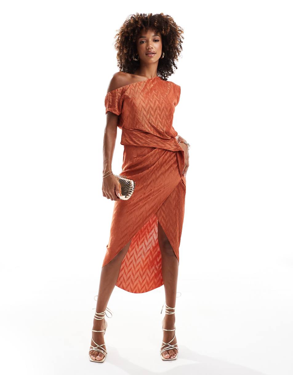 ASOS DESIGN chevron plisse high neck midi dress with cowl back in rust