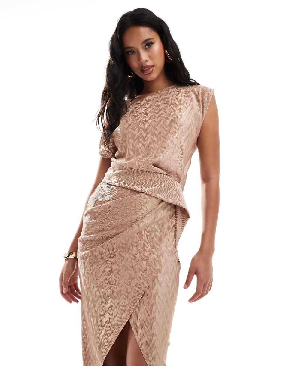 ASOS DESIGN chevron plisse high neck midi dress with cowl back in camel