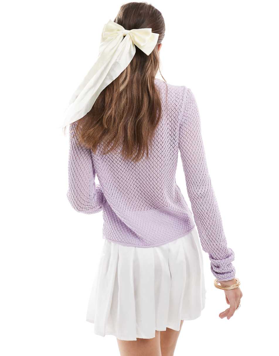 ASOS DESIGN knitted pointelle stitch cardigan with tipping detail in lilac