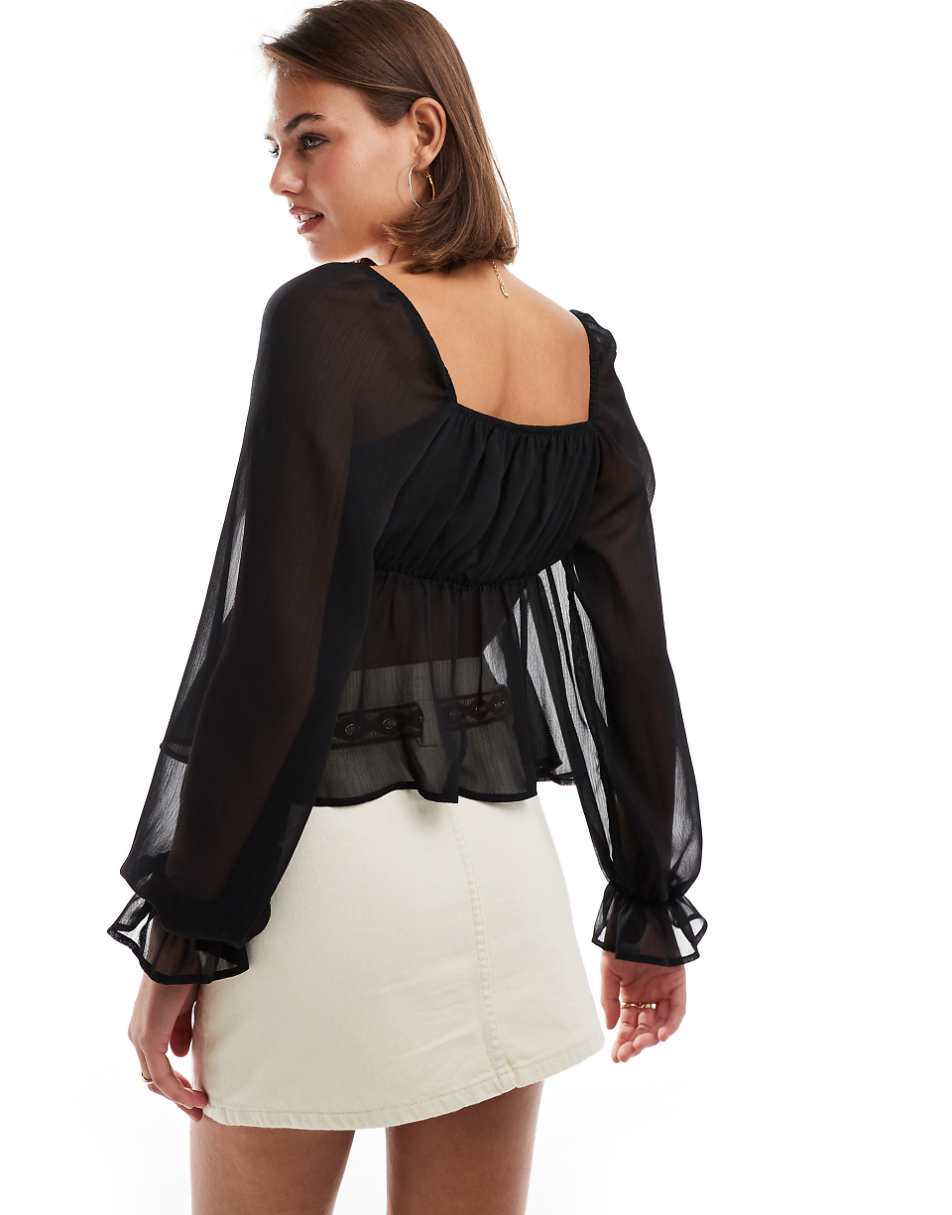 Miss Selfridge chiffon lace-trim insert blouse in black