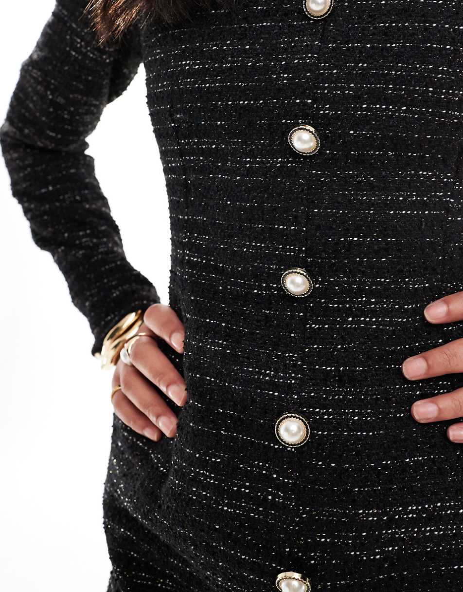 Kaiia boucle square neck button up mini dress in black