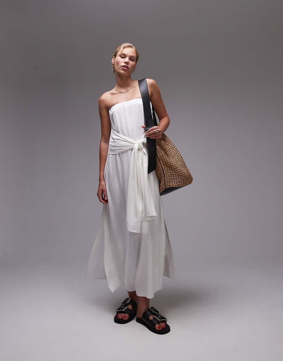 Topshop linen mix tie front bandeau dress in white