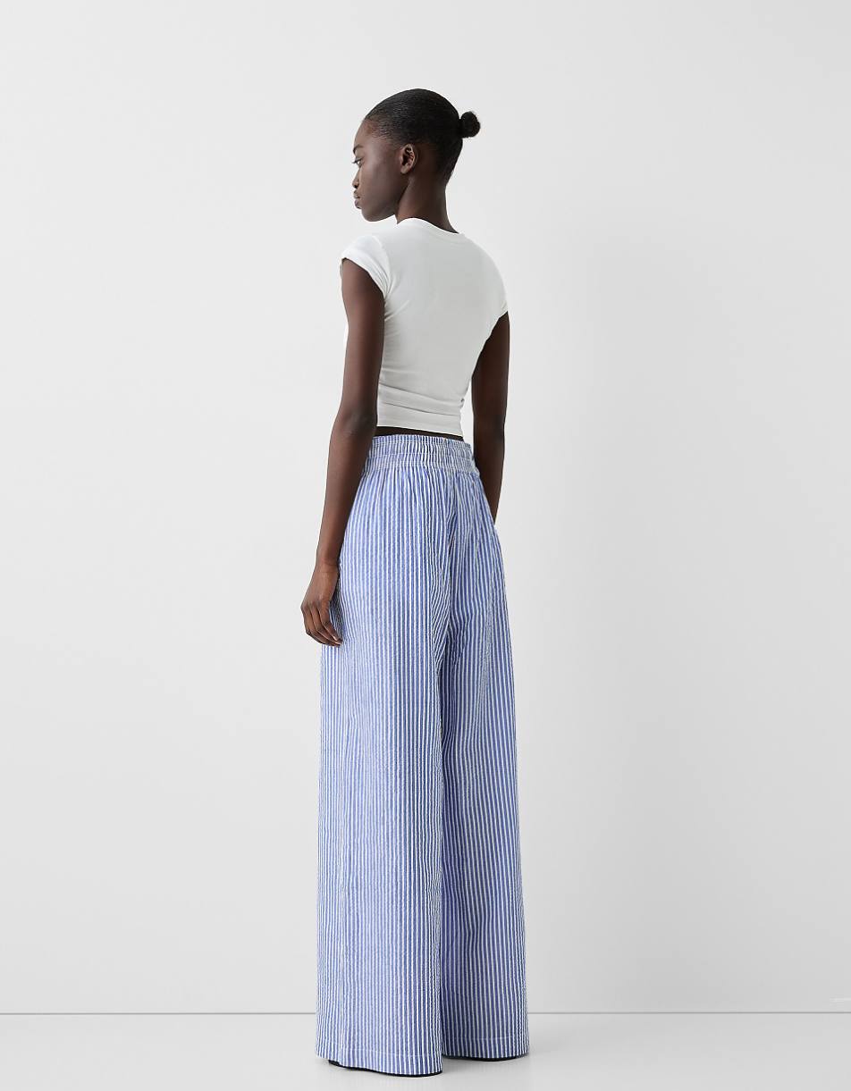 Bershka deep waistband wide leg pants in blue stripe