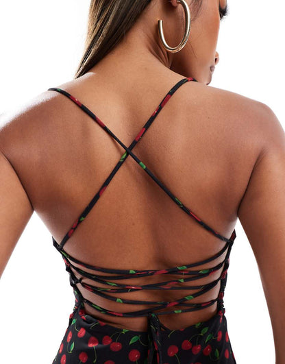 Bershka cowl neck lace up back mini dress in black cherry print