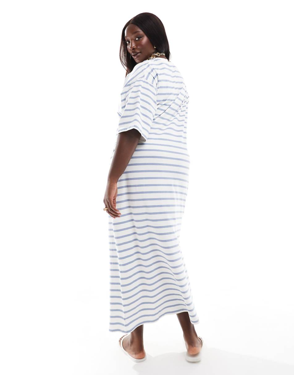 ASOS DESIGN Curve short sleeve with twist detail midi dress in blue and cream stripe