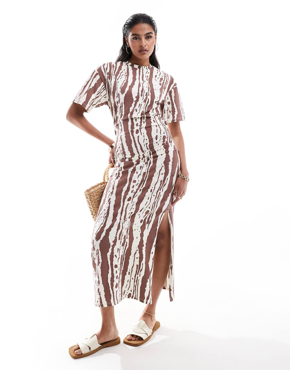 ASOS DESIGN crew neck midi T-shirt dress with ruched side in animal print