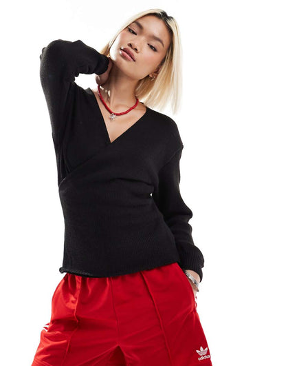 Glamorous wrap front sweater in black knit