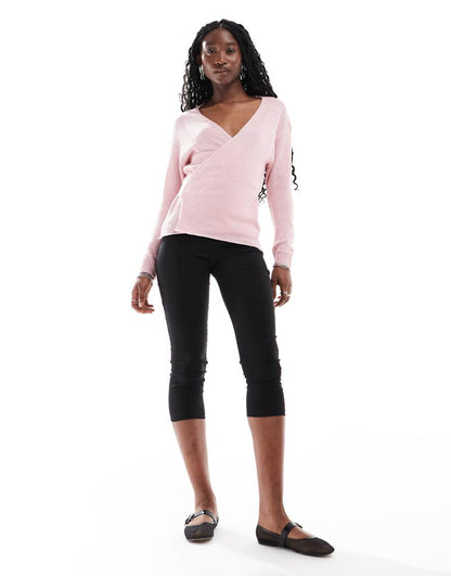 Glamorous wrap front sweater in baby pink knit