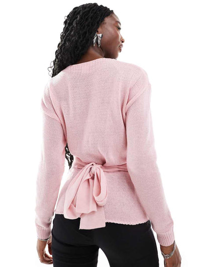 Glamorous wrap front sweater in baby pink knit