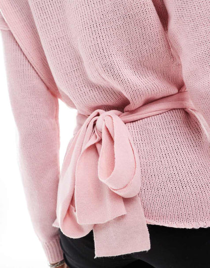 Glamorous wrap front sweater in baby pink knit