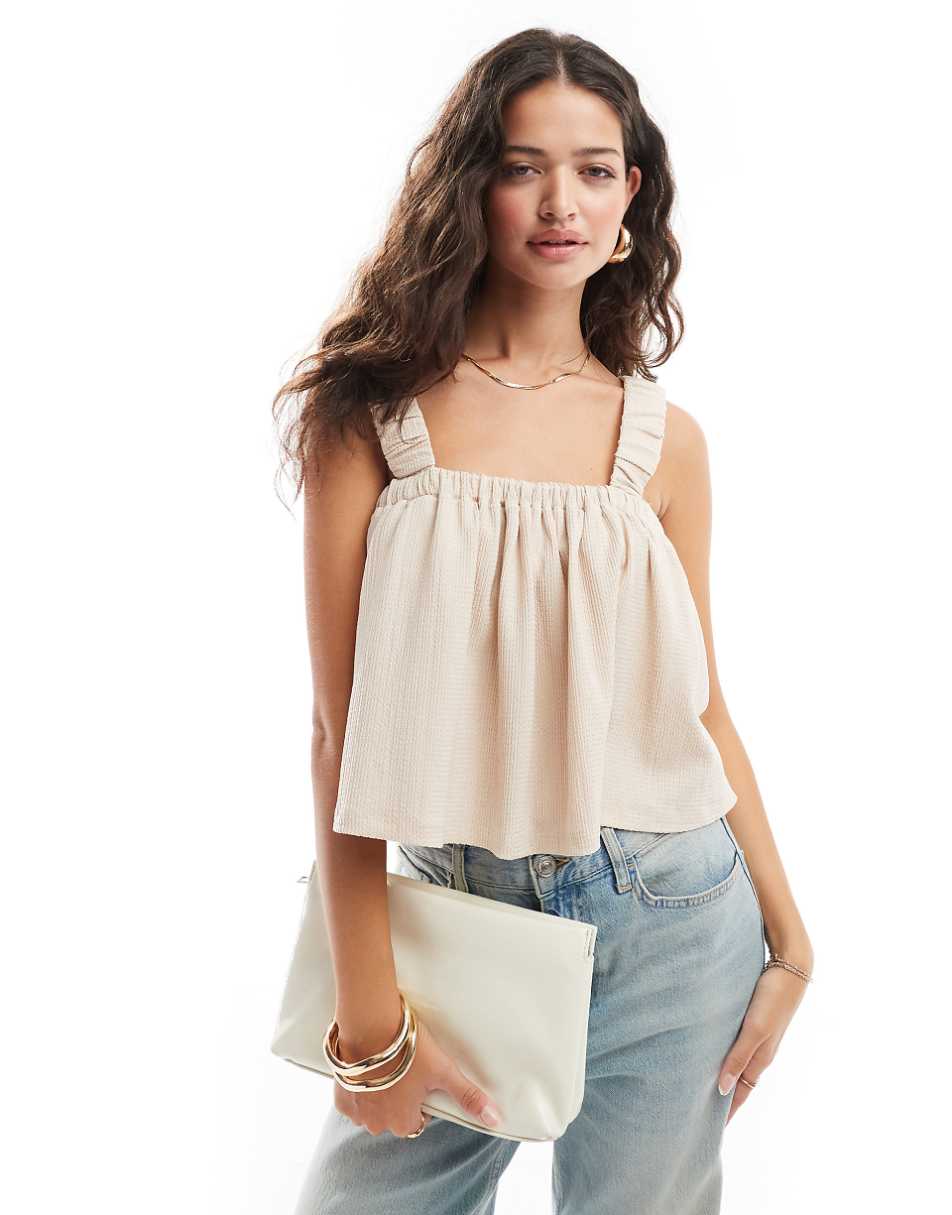 ASOS DESIGN strappy tie back smock top in stone
