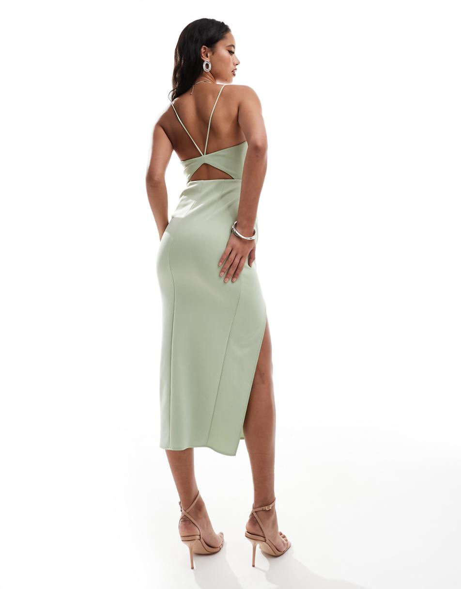 ASOS DESIGN halterneck midi dress with wrap skirt in sage green