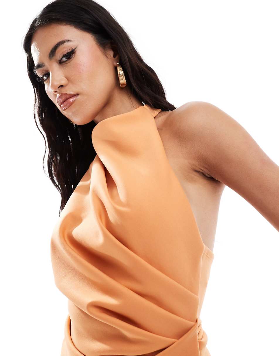 ASOS DESIGN high neck manipulated tuck midi pencil dress in apricot