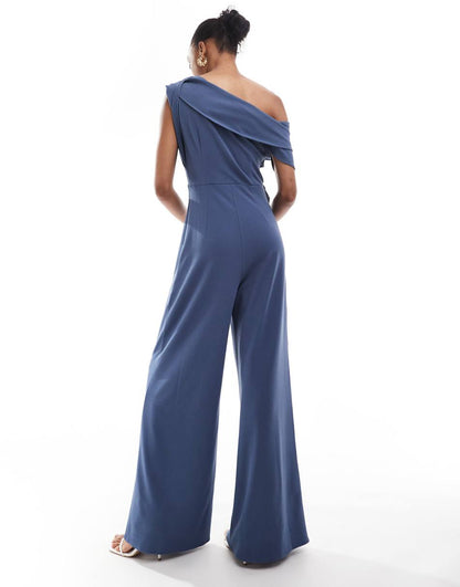 ASOS DESIGN Tall fallen shoulder tuck detail wide leg jumpsuit in blue