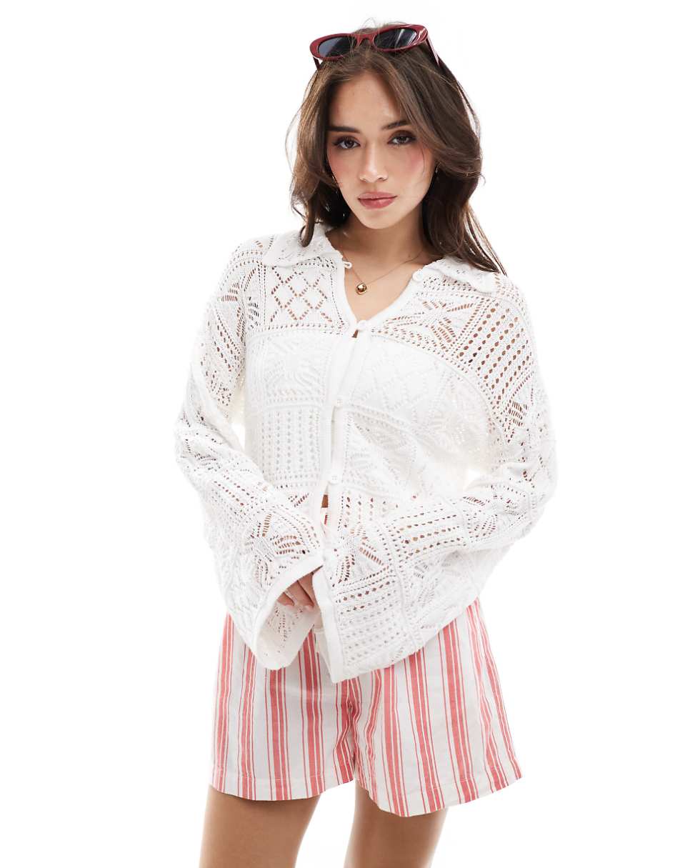 Vero Moda Aware crochet knit cardigan with collar in white