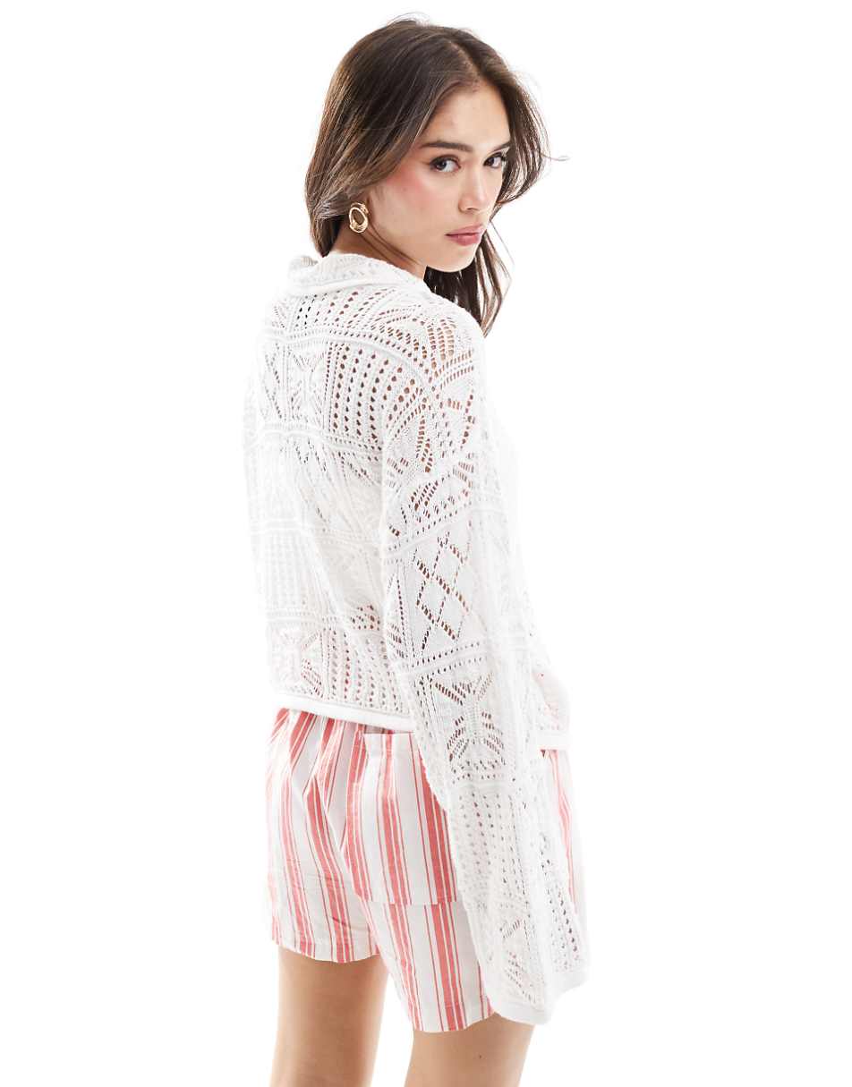 Vero Moda Aware crochet knit cardigan with collar in white