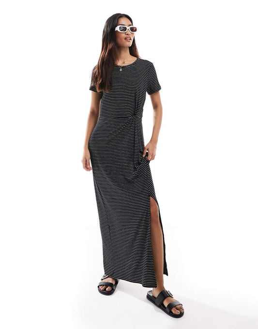 Vero Moda knot front maxi dress in black with white stripes