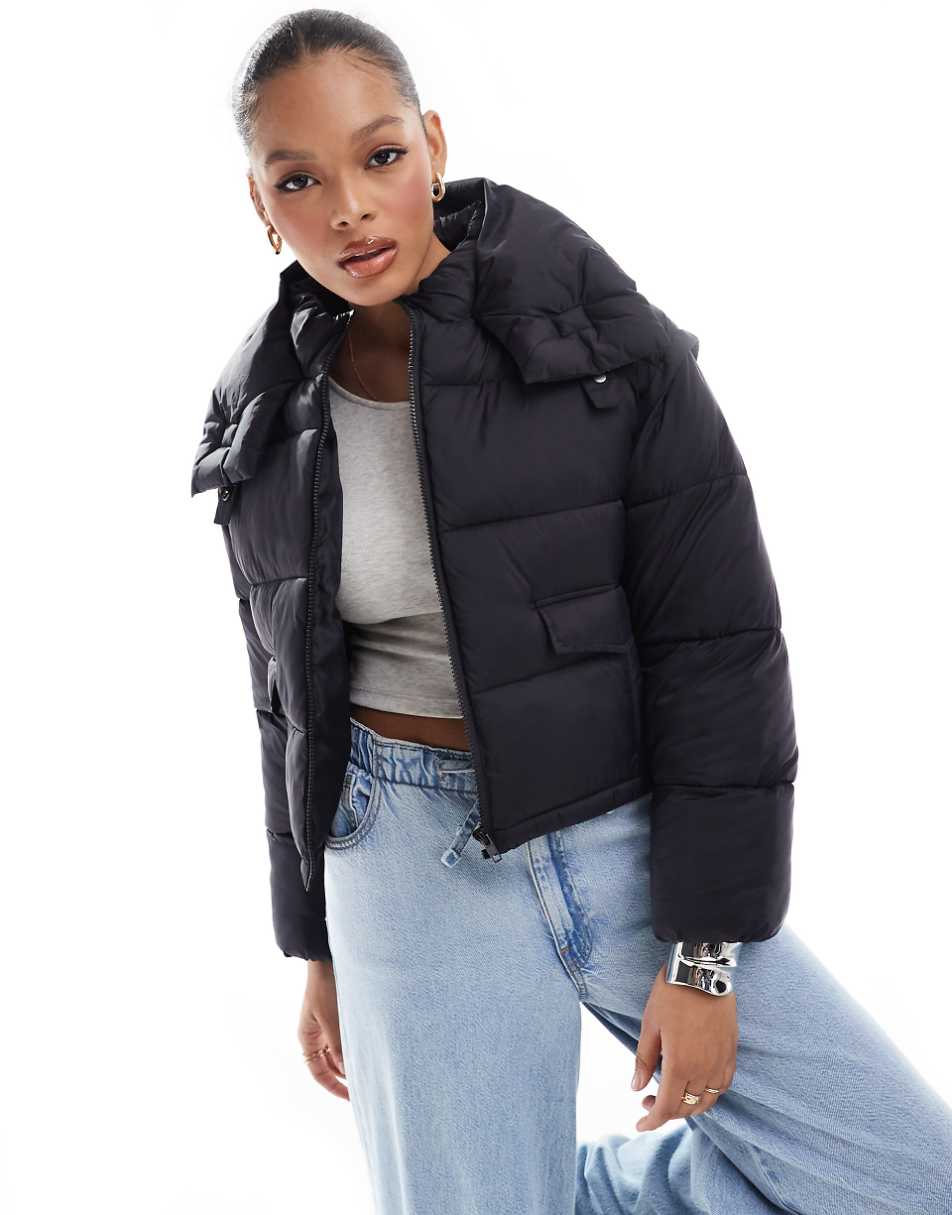 Stradivarius STR cropped puffer jacket in black