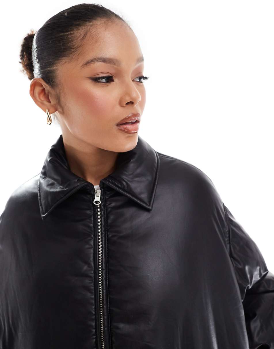 Stradivarius STR faux leather puffer jacket in black