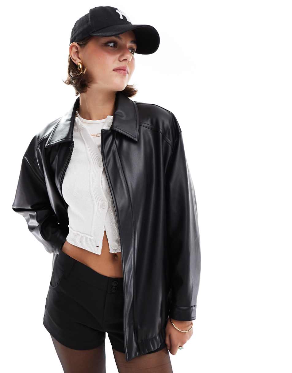 Stradivarius STR faux leather bomber jacket in black