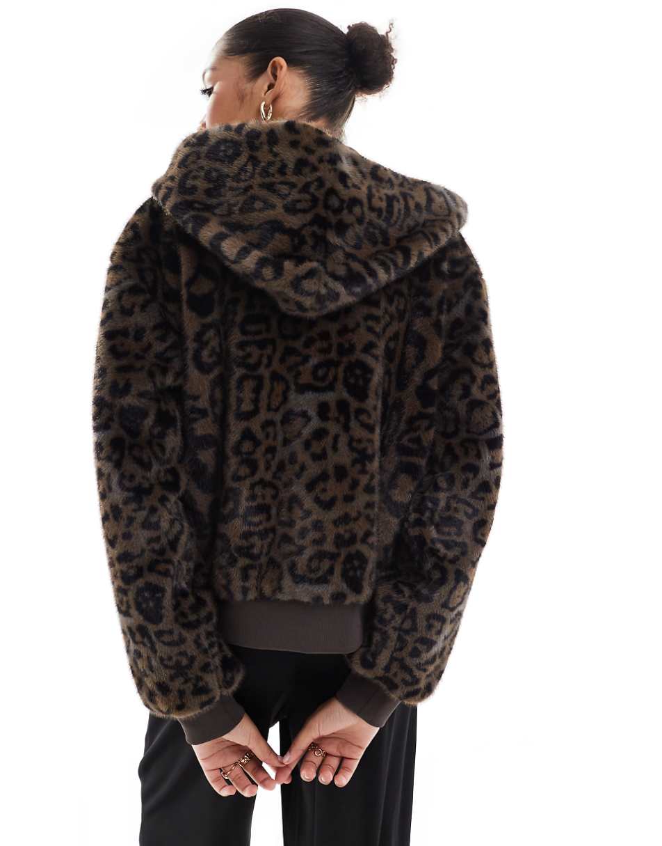 Stradivarius STR faux fur zip up hooded bomber jacket in leopard print