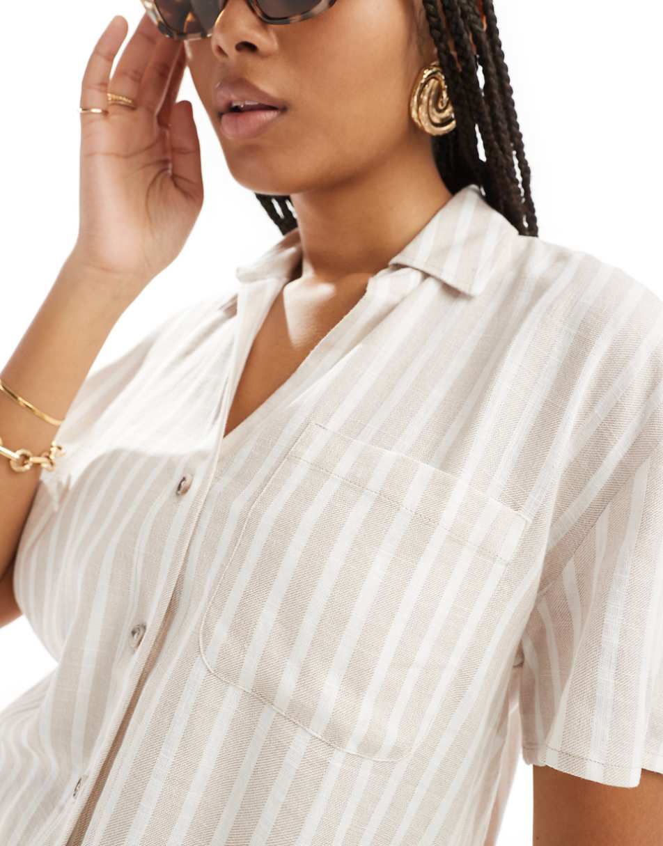 Stradivarius linen mix boxy shirt in beige stripe - part of a set