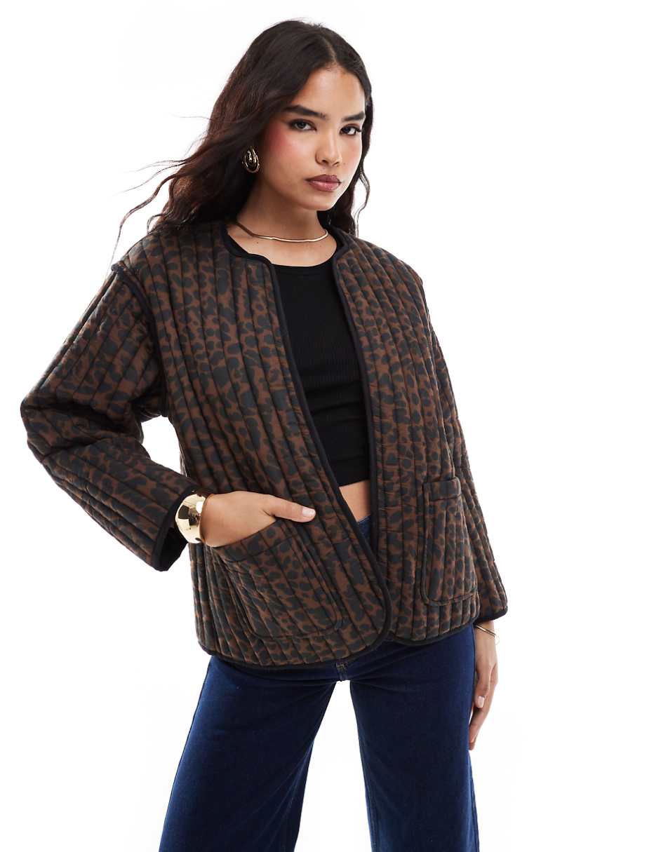 ASOS DESIGN cotton quilted jacket in brown leopard print