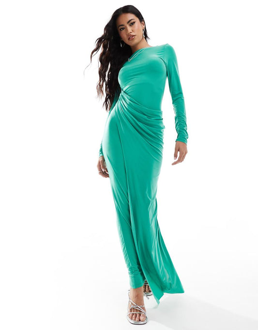 ASOS DESIGN long sleeve drape detail maxi dress in green