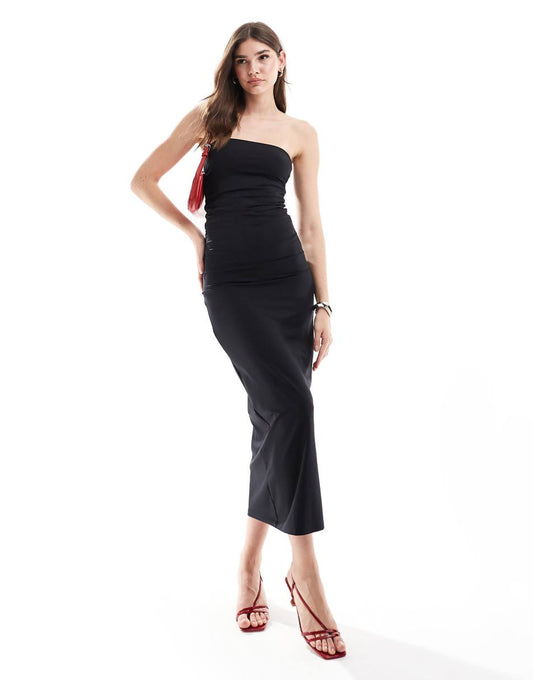 Pull&Bear polyamide sculpt bandeau midi dress in black