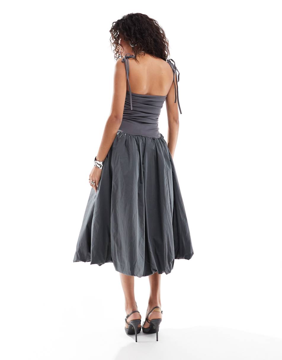 Amy Lynn Alexa shoulder tie midi dress in charcoal