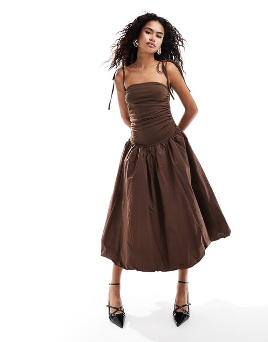 Amy Lynn Alexa shoulder tie midi dress in chocolate