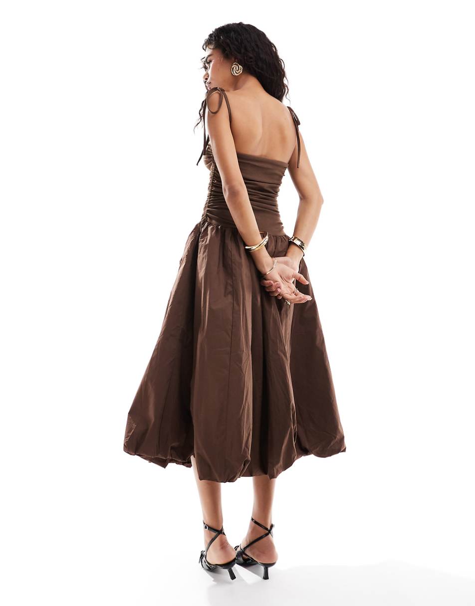 Amy Lynn Alexa shoulder tie midi dress in chocolate