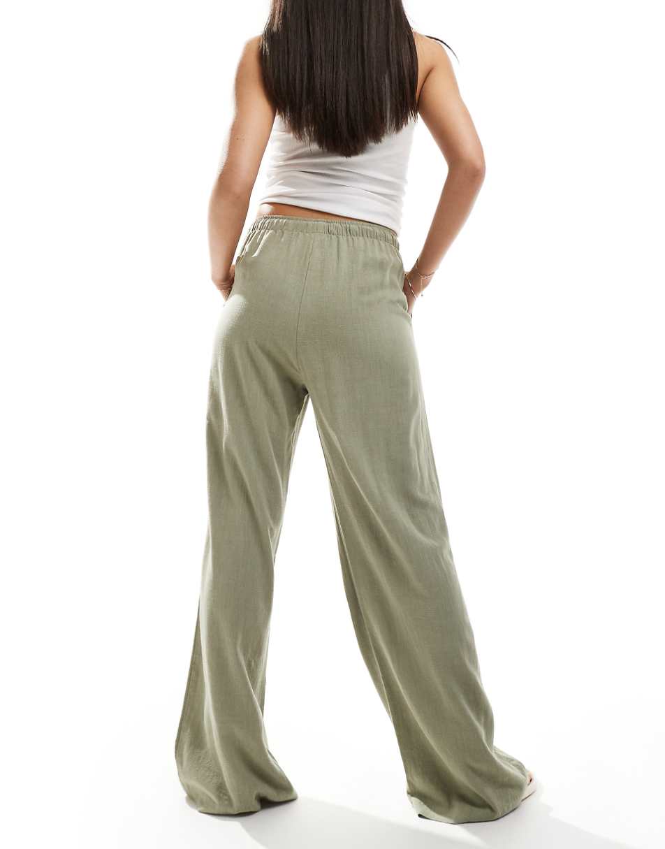 Stradivarius linen mix pull on pants in khaki