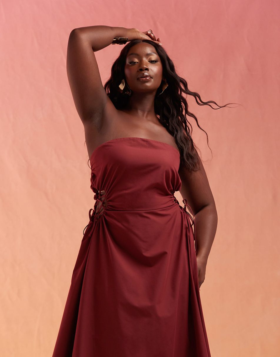 ASOS DESIGN Curve bandeau midi with lattice detail waist in burgundy