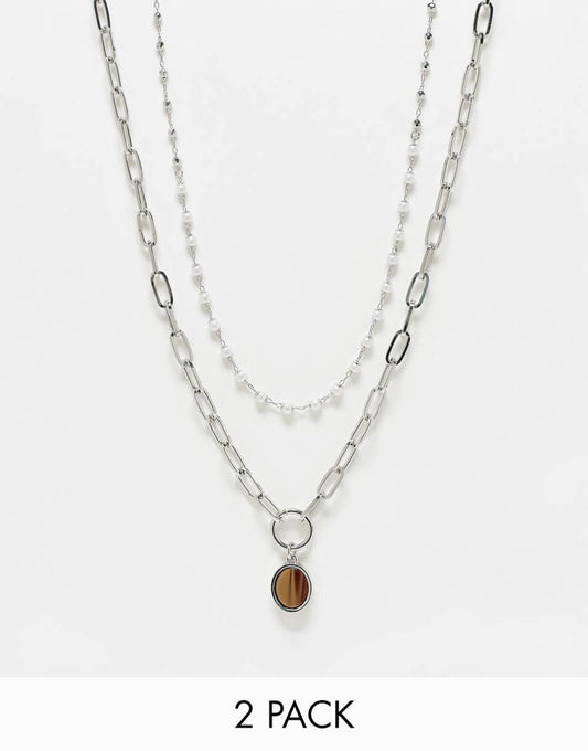 Reclaimed Vintage unisex 2 row necklace with silver chain