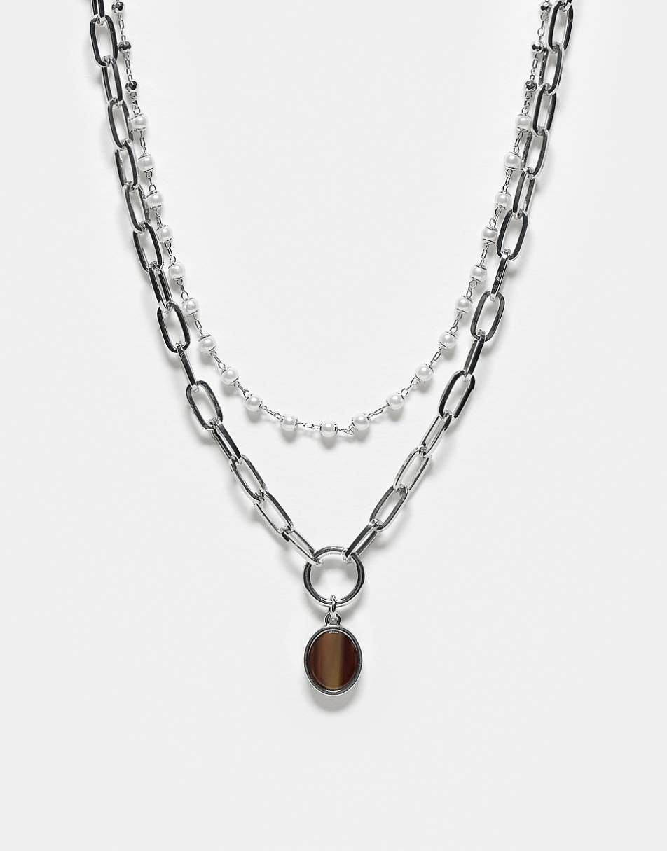 Reclaimed Vintage unisex 2-row necklace with faux pendant in silver