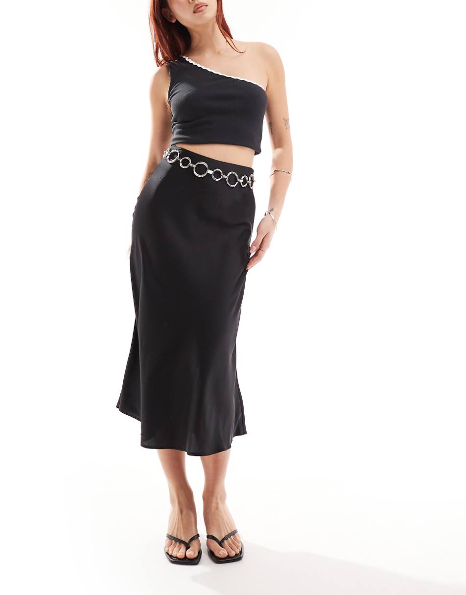 Monki midi satin skirt in black