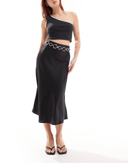 Monki midi satin skirt in black