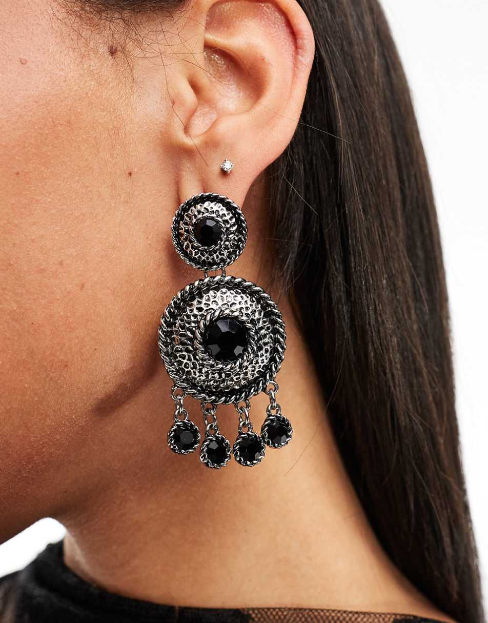 ASOS DESIGN drop earrings with burnished double circle detail with black stone in silver tone