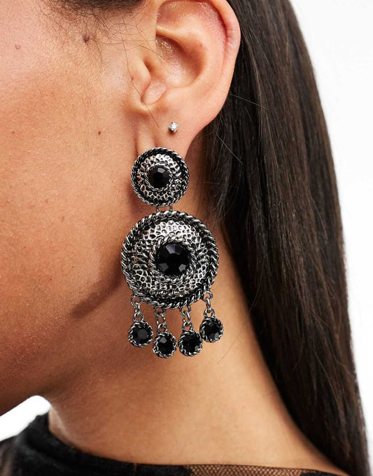 ASOS DESIGN drop earrings with burnished double circle detail with black stone in silver tone