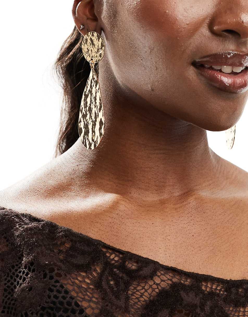 ASOS DESIGN drop earrings with hammered teardrop detail in gold tone