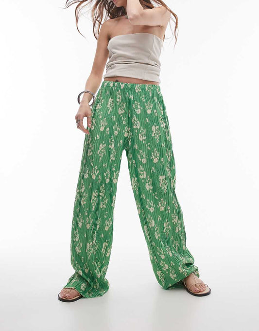 Topshop floral crinkle plisse wide leg pants in green